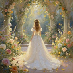 breathtaking detailed soft painting of a full body shot of a bride viewed from behind in a long dress of pure light, in a sunlit luxurious flower garden on a wedding day, a plaza covered in pastel flowers with golden petals and fireflies, rule of thirds, german romanticism, rembrandt style, elegant, volumetric lighting, highly detailed, artstation, concept art, matte, sharp focus, art by Tom Bagshaw, Alfons Mucha and Greg Rutkowski