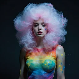 dramatic lighting photo of a beautiful young woman wearing rainbow a latext suit with cotton candy hair. paint splashes. moody and melancholy. with a little bit of rainbow colors. digital art by beeple
