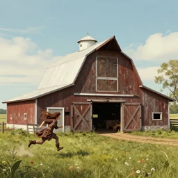 A barn at an Iowan farm, barndoors broken open by a running baba yaga hut, game art matte painting hyperdetailed, artstation, cgsociety, 8k, surreal dream landscape
