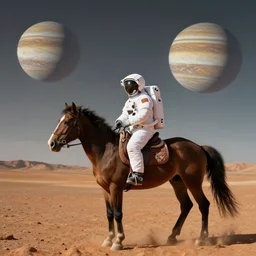 a photo of an astronaut riding a horse on mars and jupiter on the sky