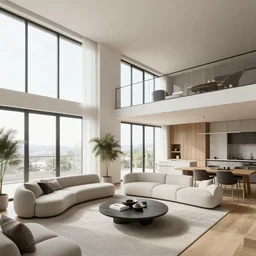 3 d render of a modern open plan apartment interior, floor to ceiling windows, 4 k