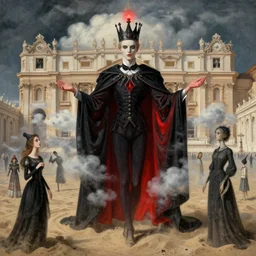the king of dreams, sandman by neil gaiman, gareth pugh aw 2 0 1 1, alexander mcqueen aw 2 0 1 3, vatican in background, cloud of sand, dreaming, in the style of max ernst, leonora carrington, by raqib shaw, intricate composition, insanely quality, highly detailed, masterpiece, red light,