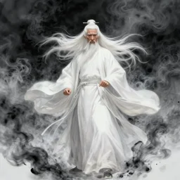Concept art of a lone old man in a one-piece white robe, long flowing white hair and white beard, surrounded by white and black smoke, smoky, full body wuxia, Wudang Swordmanship by Chen Uen, art by Yoji Shinkawa, 4k