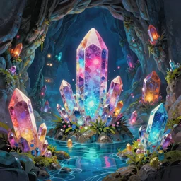 big crystals, city in cave, water, glowing lights, epic fantasy, colorfully, digital art, highly saturated colors, concept art, detailed illustration, hd, 4 k, digital art, greg rutkowski, dan mumford, studio ghibli trending on artstation