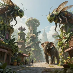 an concept art illustration, photorealistic mystical beasts, fantasy street with large insect and plant biomes, megafauna, ultra realistic, style by wlop, trending in artstation, cgsociety, octane render, ultra sharp, concept illustration, digital painting, 8 k