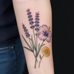 botanical tattoo, lavender, verbena, hibiscus, dandelion, tattoo design, inking on skin, sleeve tattoo