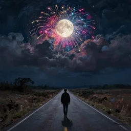 a man walking alone under the night sky, the moon burning coloured fireworks across heavy dark clouds, dim starlight, endless long roads, wilderness, oil painting, constable, highly detailed, fantasy, surreal, 4 k