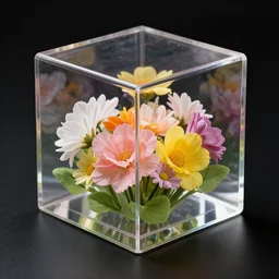 transparent 3 d glass cube filled with flowers black background, realistic 8 k