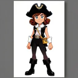 artgerm, joshua middleton comic cover art, pretty pirate phoebe tonkin smiling, full body, symmetrical eyes, symmetrical face, long curly black hair, on a pirate ship background, warm colors