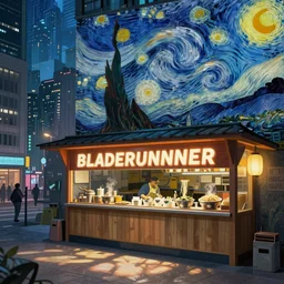 bladerunnner noodle shop scene, cyberpunk, japan city, van gogh painting,