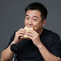 a medium shot studio photograph of a man 35 years old eating a sandwich of microphone