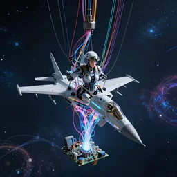 dark realism air combat online : a beautiful robot fighter pilot is suspended by luminous intricate organic and colorful electric cables and wires and fiber to the jet cockpit computer motherboard, experiencing the quantum field cinematic highly detailed realistic beautiful cosmic neural network o