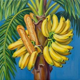 baguettes grow instead of bananas on a palm tree, intricately detailed acrylic painting