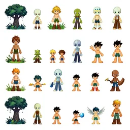 separates HD spritesheet game assets ,Ori and the blind forest, SOTN, wonder boy, dead cells, hollow knight Portrait of a spritesheet game asset pack in a  side scrolling game, inside a RPG game, amazing mmorpg, loot of books,  Subject in Middle of squares , Rule of Thirds, 4K, Retrofuturism, Studio Ghibli, Simon Stålenhag