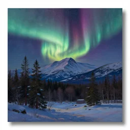 mountains, trees, beautiful nature, winter, night, northern lights, stars, very detailed, focused, cinematic lighting, oil painting, colorful, canvas, artstation, Sydney Mortimer Laurence, Albert Bierstadt