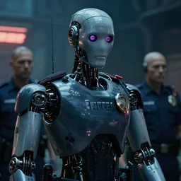 vfx film closeup, humanoid robot police squad in blade runner 2 0 4 9 slums, flat color profile low - key lighting award winning photography arri alexa cinematography, hyper real photorealistic cinematic, atmospheric cool colorgrade