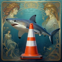 half shark half orange and white traffic cone, wide shot, underwater background detailed atmospheric - ron cheng & alphonse mucha, highly detailed, digital painting, ray tracing, concept art, illustration, smooth sharp focus, intricate, symmetry, artstation,