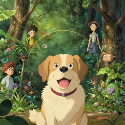 a happy dog, in the style of over the garden wall 2 0 1 4, high intricate details, rule of thirds, golden ratio, cinematic light, anime style, graphic novel by fiona staples and dustin nguyen, by beaststars and orange, peter elson, alan bean, studio ghibli, makoto shinkai