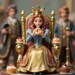 closeup portrait of a tin toy fairytale princess wearing a crown and sitting on a throne eating cakes, depth of field, zeiss lens, detailed, symmetrical, centered, fashion photoshoot, by nicoletta ceccoli, mark ryden, lostfish, earl nore, hyung tae, frank frazetta, breathtaking, 8 k resolution, extremely detailed, beautiful, establishing shot, artistic, hyperrealistic, octane render