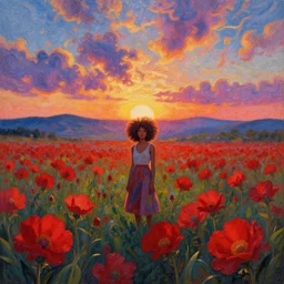 large red flowers afro, full body, girl standing in the middle of a field with flowers, surreal photography, hills, sunrise dramatic light, impressionist painting, colorful clouds, digital painting, pointillism, artstation, simon stalenhag
