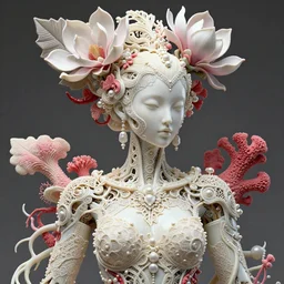 intricate hyper detailed ultra sharp focus 3 d render of a beautiful porcelain ivory fair seductive woman medium shot portrait, f 2. 8 1 5 0 mm luminous, alexandre ferra georg loschner, bionic cyberpunk mechanical sci - fi haute couture fractal mycelum and fungi filigree lace, rasberry chili red sponge corals, huge magnolia goliath head ornaments, big embroidered leaves sinuous roots, octane render, pearls, volumetric cinematic lighting, 8 k, vray tracing, no dof, no blur