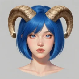 illustrated realistic portrait female ram-horned kobold with asymmetric short haircut blue hair with dark eyes wearing strap leather armor by rossdraws