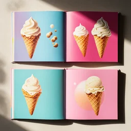flatlay book collection, vivid colors, dramatic lighting, icecream