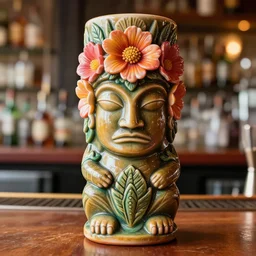 a closeup photorealistic photograph of a flower style tiki mug sitting at a oasis vic's bar featuring flower woman's face. tiki theme. bright scene. fine detail. this 4 k hd image is trending on artstation, featured on behance, well - rendered, extra crisp, features intricate detail, epic composition and the style of unreal engine.
