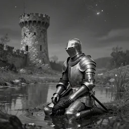 a knight in full plate armor, sitting on his knees in a small pond, with a crumbling tower in the background, and stars in the night sky. Monochromatic, dreamlike, by Hakob Minasian