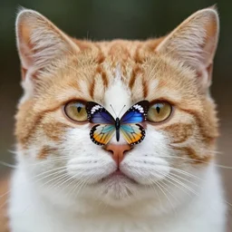 cute cat with a butterfly on his nose , close up, macro , photorealistic, 4K