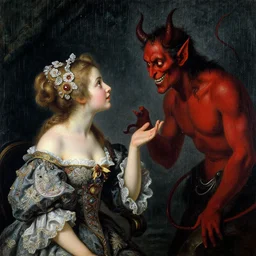 a girl meeting the devil in the rain at night, baroque painting, delicate embellishments, painterly, offset printing technique, photographed on kodachrome by brom, robert henri, walter popp