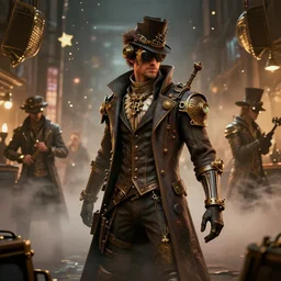 Steampunk times square during new year's eve, Enki Bilal style, 3D scene, render, volumetric fog, Ray tracing, ultra realistic