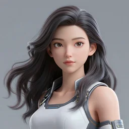 a close up 3 d render of a woman, with flowing, swirling long hair. she is wearing sci - fi clothes. the woman has fine facial features. she stands in front of a giant glowing moon. image inspired by aeon flux and james jean