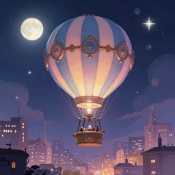 a beautiful stunning fantasy whimsical matte digital illustration of a scene of a hot - air balloon powered by magic over a lit city at night by marc simonetti, pastel color palette, disney magic the gathering steampunk, chiaroscuro magical bokeh moon stars dramatic romantic epic breathtaking, trending on artstation hq, masterpiece