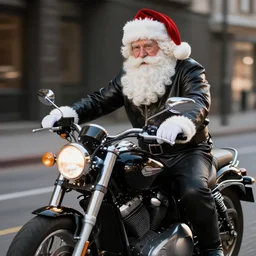 santa wearing leather jacket on motorcycle