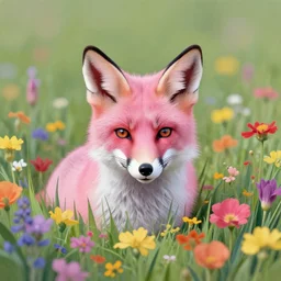 pink fox head popping out of a field of multi colored flowers by Kilian Eng, minimalist, detailed