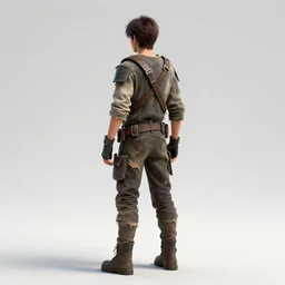 one male teen wearing tattered post apocalypse outfit, rear view, full body shot, 3 d render, 8 k, isolated, ya fantasy