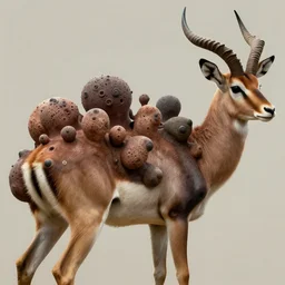 An antelope with many huge skin convex tumors and bags of different sizes growing on its back. Concept art, extremely high detail, details, fantasy art, cinematic, art by Greg Broadmore, Boris Vallejo