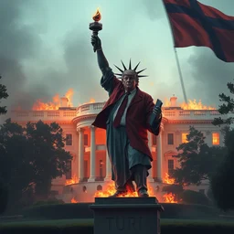anime comic trump beating up the statue of liberty as whitehouse burns, fire, fog, flag, photography, unreal engine, trending on artstation, photorealistic, octane, hyper detailed, trending on deviantart