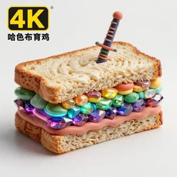 an extremely high quality photo of a surreal neon-lightsaber-topaz-sandwich, the polymer clay ((sandwich)) creation, a hybrid mixture of sandwichopallightsaberrainbow and opalrainbowtopazlightsabers, promotional photo, 4k polymer clay food photography