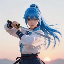 highly detailed beautiful photo of a madison beer as a young female samurai. practising sword stances. symmetrical face, beautiful eyes, cobalt blue hair, realistic, 8 k, award winning photo, pastels colours, action photography, 1 / 1 2 5 shutter speed, sunrise lighting,
