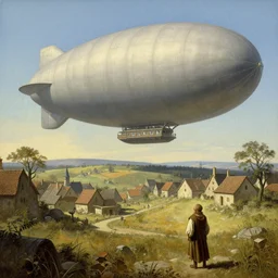 Medieval village on the plains, a villager looking up. In place of the sky you can see an incredibly enormous colossal oversized massive dirigible-like ship. Extremely high detail, realistic, medieval fantasy art, masterpiece, Arthur Rackham art, art by Boris Vallejo, Frank Frazetta