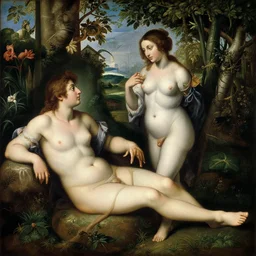 a realistic painting of adam and eve in the beautiful garden of eden, by artemisia gentileschi, amazing detail, smooth, elegant, intricate