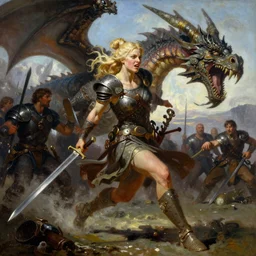 An oil painting of a beautiful blonde viking woman running into battle with sword, ancient armor, aesthetic face, by Frank Frazetta, Greg Rutkowski, Boris Vallejo, Neal Hanson, Christian MacNevin, epic fantasy character art, goddess of war, goddess of anger, high fantasy, full length, exquisite detail, post-processing, low angle, masterpiece, cinematic, colossal dragon in background