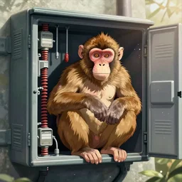 Huge macaque locked in fuse box, anime artstyle