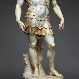 polished marble gladiator in armour statue by michelangelo buonarroti, partially covered in blue paint stains, partially gold plated marble statue, ultra - detailed flash studio photograph
