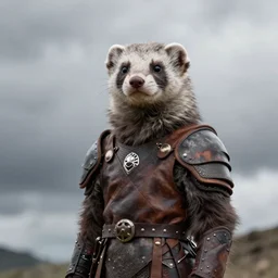 ferret warrior, furry, fantasy, viking, high detailed, photography, cloudy, lightweight leather armour, scandinavia, plain, detailed face, look into the distance, serious face, full body, in helmet, in full growth, professional photographer, masterpiece, 5 0 mm, extremely detailed, digital art 8 k