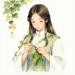 priestess of crocheting and ivy. watercolor and gold leaf by award - winning mangaka, gothic horror, romanticism, intricate details, depth of field, backlighting