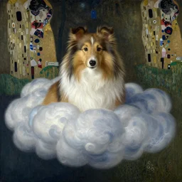 a sheltie inside a cloud, by waterhouse, by craig mullins, by ryan jia, by gustave klimt