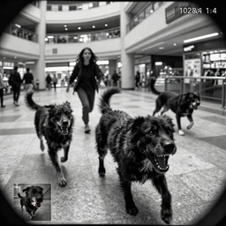 camera footage of a Several Aggressive Feral Black Dogs with severe late stage rabies Chasing a young woman in an abandoned shopping mall, high exposure, dark, monochrome, camera,  grainy, CCTV, security camera footage, timestamp, zoomed in, Creepy, Feral, fish-eye lens, Nightmare Fuel, Zombie Dog, Evil, Bite, Motion Blur, horrifying, lunging at camera :4